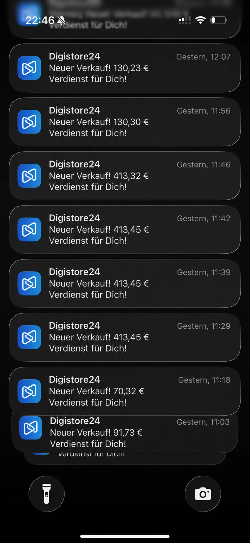 Sperrbildschirm mit acht Digistore24-Verkaufsmeldungen zwischen 11:03 und 12:07 Uhr